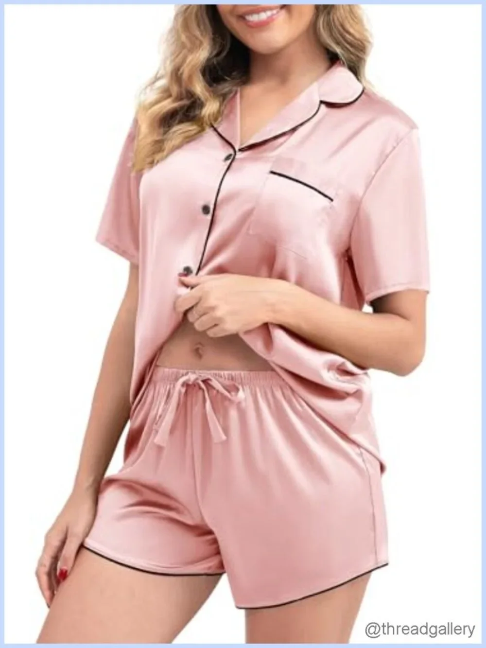 Women's Satin Pajama Set Button-Down Top Elastic Waist Shorts Loungewear
